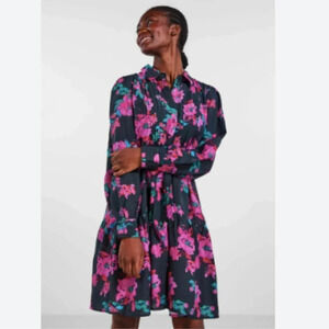 Yas Scura Floral Mini Tiered  Hem Shirtdress Sz S